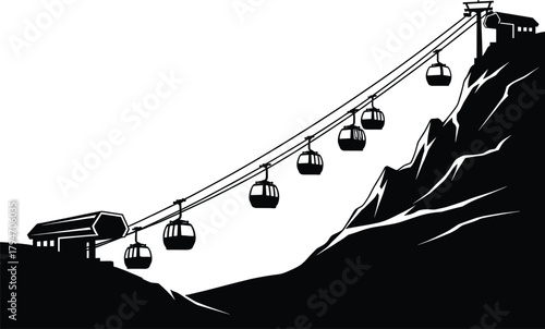 Black and white illustration of ski lift cabins on cables over mountain terrain, ski lift, cable car, gondola, transportation, mountain, slope, peak, station, black and white, silhouette, winter, trav