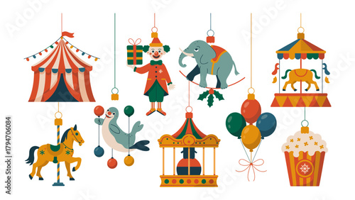 Carnival of Delights: A vibrant carousel of circus ornaments, embodying the essence of joy and wonder, awaits with whimsical charm and festive flair.