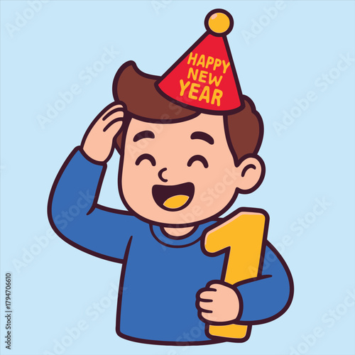 Happy New Year celebration boy wearing a party hat holding the number 1, flat vector logo illustration