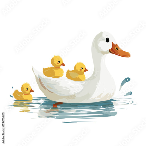 Vector painting illustration of a duck swimming with ducklings