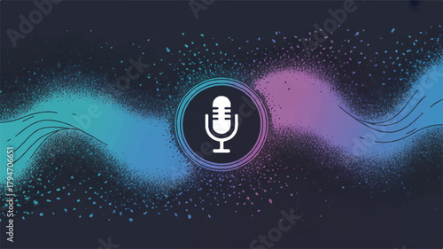 Digital illustration of a microphone with sound waves and particles audio recording, podcast design