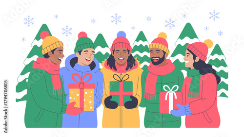 Warm Winter Gift Exchange: A circle of friends exchanging presents amidst a snowy, festive landscape, exuding warmth and camaraderie.