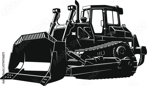 Black bulldozer graphic with large blade and tracks, bulldozer, heavy machinery, construction equipment, tractor, earthmover, industrial vehicle, vehicle, machine, transport, power, strength, work, en