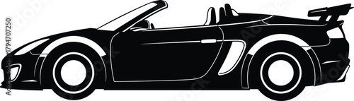 Black convertible sports car silhouette with spoiler, car, sports car, convertible, silhouette, black, white, vehicle, automobile, auto, transport, transportation, speed, race, racing, wing, spoiler, 
