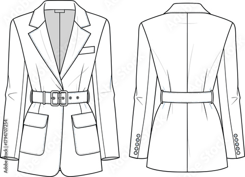 Cad drawing flat vector illustration of women’s tailored belted blazer jacket featuring detailed front and back technical fashion sketch with pockets and lapel design