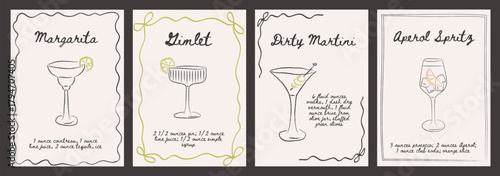 Margarita, Gimlet, Dirty Martini, Aperol Spritz cocktail recipes with ingredients. Minimal whimsical retro bar drink posters set garnished. Hand drawn contemporary graphic print. Vector illustration.