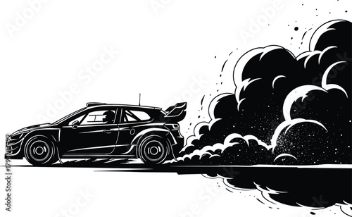 Black rally car kicking up dust and smoke racing car, rally car, racing car, sports car, off road, dust, smoke, speed, action, motion, black and white, graphic, illustration, silhouette, vehicle, auto