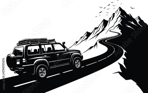 Black S U V driving on winding mountain road with birds flying, suv, off road vehicle, 4x4, car, vehicle, mountain, road, winding road, travel, journey, adventure, exploration, nature, landscape, wild
