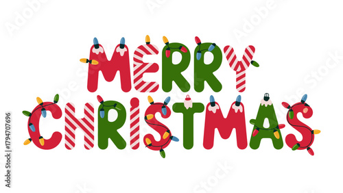 Festive Christmas Greeting: A vibrant and colorful design spells out Merry Christmas adorned with twinkling lights, embodying the joy and spirit of the holiday season.