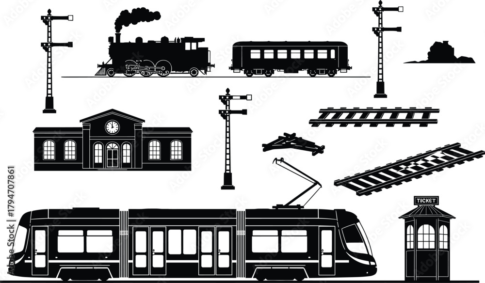 Fototapeta premium Black silhouette collection of trains tram railway station and signals, train, steam train, locomotive, passenger car, tram, streetcar, railway, railroad, tracks, railroad switch, railway station, tic