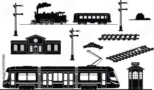 Black silhouette collection of trains tram railway station and signals, train, steam train, locomotive, passenger car, tram, streetcar, railway, railroad, tracks, railroad switch, railway station, tic