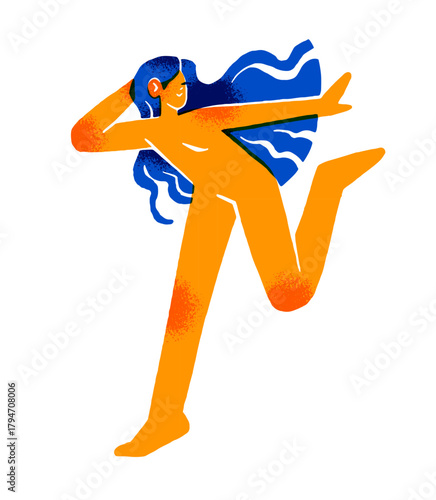 Abstract naked girl with long blue hair runs. Nude young woman has fun. Cute character is happy. Femininity, self love and acceptance. Flat isolated hand drawn vector illustration on white background