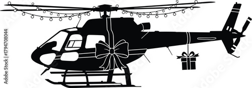 Black silhouette helicopter with gift and lights white, helicopter, silhouette, black, white, gift, present, bow, ribbon, lights, string lights, festive, celebration, transport, aviation, airborne, de
