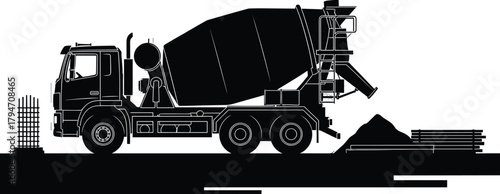 Black silhouette of a cement mixer truck at a construction site, cement mixer truck, construction, vehicle, truck, silhouette, black and white, industrial, heavy machinery, building, infrastructure, c