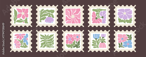 Retro Groovy Floral Postage Stamp Set. Vintage Organic Flowers and Plants. Isolated Naive Colorful Square Hand Drawing in trendy naive hippie 60s 70s. Vector illustration. Not generated by AI