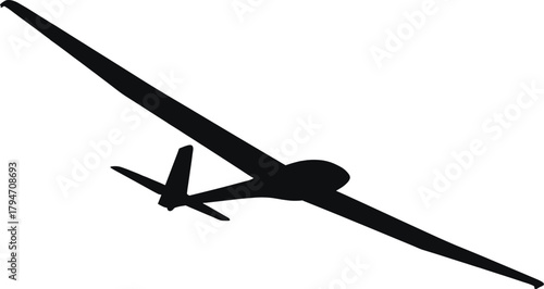 Black silhouette of a glider airplane in flight aircraft, glider, airplane, aircraft, aviation, flight, flying, silhouette, black, white, wing, tail, cockpit, transport, travel, recreation, sport, lei
