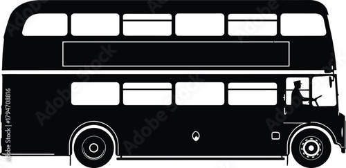 Black silhouette of a double decker bus with driver, bus, double decker, transportation, vehicle, public transport, city, travel, driver, silhouette, black and white, retro, vintage, iconic, london bu