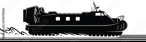 Black silhouette of a hovercraft on water boat vehicle, hovercraft, boat, vehicle, watercraft, transportation, transport, marine, nautical, sea, ocean, river, lake, travel, journey, adventure, speed, 