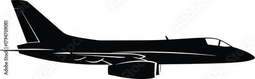Black silhouette of a jet airplane on white background, airplane, jet, aircraft, silhouette, black, white, aviation, transport, travel, flight, wing, engine, cockpit, tail, sky, speed, aerodynamics, v
