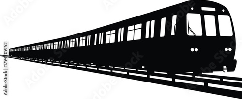 Black silhouette of a long passenger train on tracks, train, passenger train, subway, metro, public transport, transportation, railway, tracks, silhouette, black and white, monochrome, graphic, vector