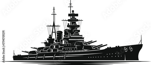 Black silhouette of a large warship with multiple gun turrets, warship, battleship, naval, military, ship, vessel, black and white, silhouette, illustration, drawing, graphic, maritime, navy, sea, oce