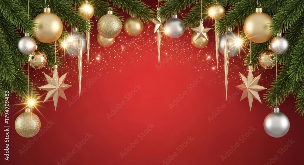 Naklejka premium Festive Christmas garland with golden and silver ornaments, sparkling lights, and icicle decorations against a vibrant red background, evoking holiday cheer.