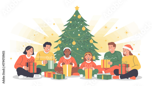Holiday Harmony: A group of individuals is gathered around a festively adorned Christmas tree. They're immersed in the joy of the holiday season, unboxing presents and celebrating togetherness. 