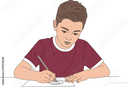 Student writing, pencil in hand, homework activity, focused learning, maroon shirt, white background, educational concept, study time, schoolwork scene