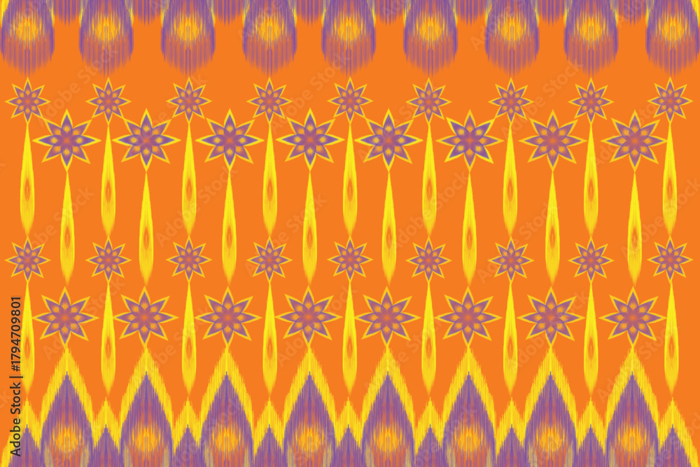 Fototapeta premium Seamless Ikat Pattern concept gold color. Weaving seamless pattern Ikat style. Design for fashion texture, fabric, clothing, wrapping, carpet, wallpaper, retro, moroccan style, print ethnic Ikat