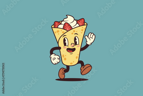 Cute cartoon crepe character waving happily with strawberries an