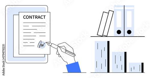 Hand completing contract signature with pen, documents on the desk, and neat file organization. Ideal for contracts, agreements, office tasks, legal work, organization, administration simple flat