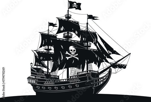 Black silhouette of a pirate ship with Jolly Roger flag, pirate ship, sailing ship, black silhouette, jolly roger, skull and crossbones, flag, mast, sails, rigging, cannons, deck, ship, vessel, mariti