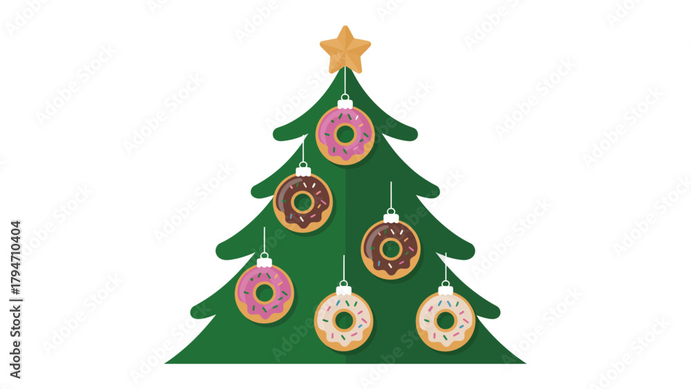 Naklejka premium Doughnut Christmas Tree: A festive, sugary Christmas tree adorned with delectable doughnut ornaments, topped with a bright star. It's a sweet, playful take on holiday decor.