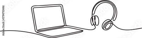 Continuous one line drawing of earphone and laptop in minimalist line art style — Vector illustration