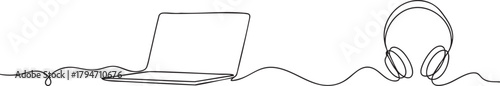 Continuous one line drawing of earphone and laptop in minimalist line art style — Vector illustration