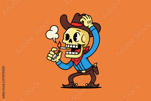 Cartoon Skeleton Cowboy Lighting Up A Cigarette With A Lighter.