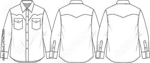 Western long sleeve shirt technical flat sketch with detailed yoke design, pockets, seams, buttons and stitching lines, vector apparel drawing illustration