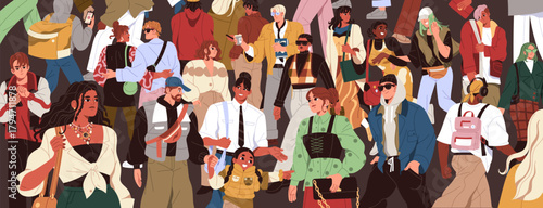 Crowd of diverse fashion people walking on urban streets. Stylish city youth with phones strolls. Lots of couples, men and women. Different citizens in trendy outfits. Flat vector illustration