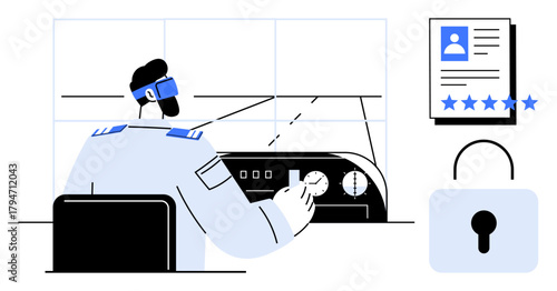 Pilot managing aircraft controls with digital visualization of user profile rating and security lock icon. Ideal for aviation technology, cybersecurity, digital identity, secure systems, data