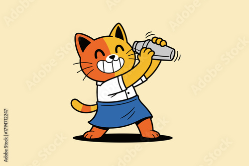 Happy cartoon cat bartender shaking cocktail with a shaker.