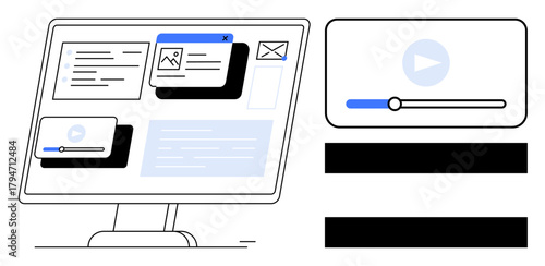Computer monitor showing text, images, emails, and videos, accompanied by a video progress bar. Ideal for digital media, multitasking, e-learning, UI design online collaboration content management