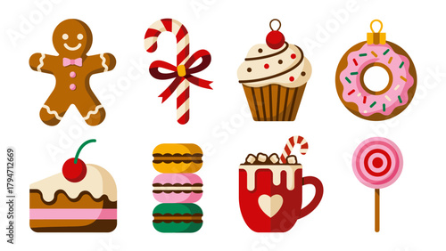 Sweet Delights: A colorful collection of delectable treats, each promising a burst of flavor and joy, ranging from cakes to lollipops, representing festive cheer and delicious indulgence.