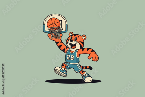 Cartoon Tiger Playing Basketball Dunking Slam Dunk.