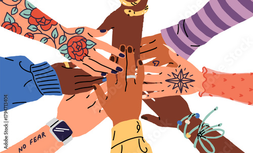 Sisterhood, feminism and female unity concept. Group of women puts hands on each other. Girls' palms in circle top view. Support and teamwork. Flat isolated vector illustration on white background