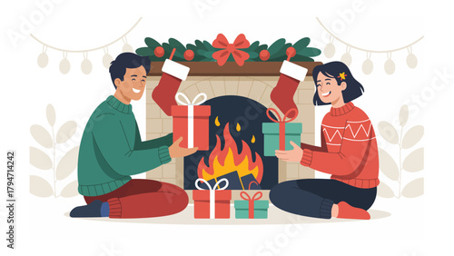 Holiday Cheer and Gift Giving: Two individuals exchange presents in front of a cozy fireplace decorated for the holiday season. The scene exudes warmth and the spirit of sharing.