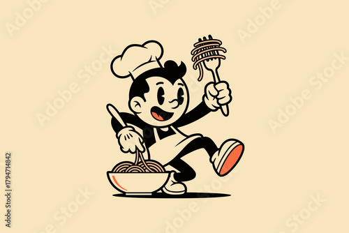 Retro Chef Character Holding Spaghetti and Bowl.