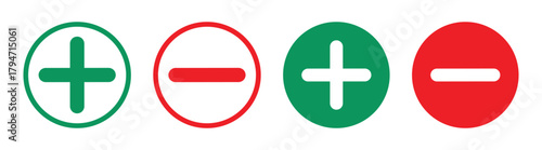 Plus and minus signs vector icons set. Mathematical symbols, add subtract, pros cons, positive negative, up down buttons in a circle. Vector illustration on transparent background.