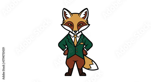 Cartoon fox in business attire standing isolated on white background