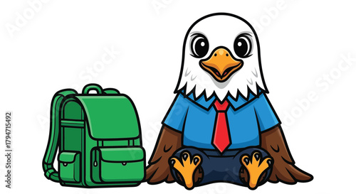 Cartoon eagle wearing a shirt and tie sitting next to a green backpack.