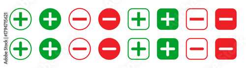 Plus and minus signs vector icons set. Mathematical symbols, add subtract, pros cons, positive negative, up down buttons in a circle. Vector illustration on transparent background.